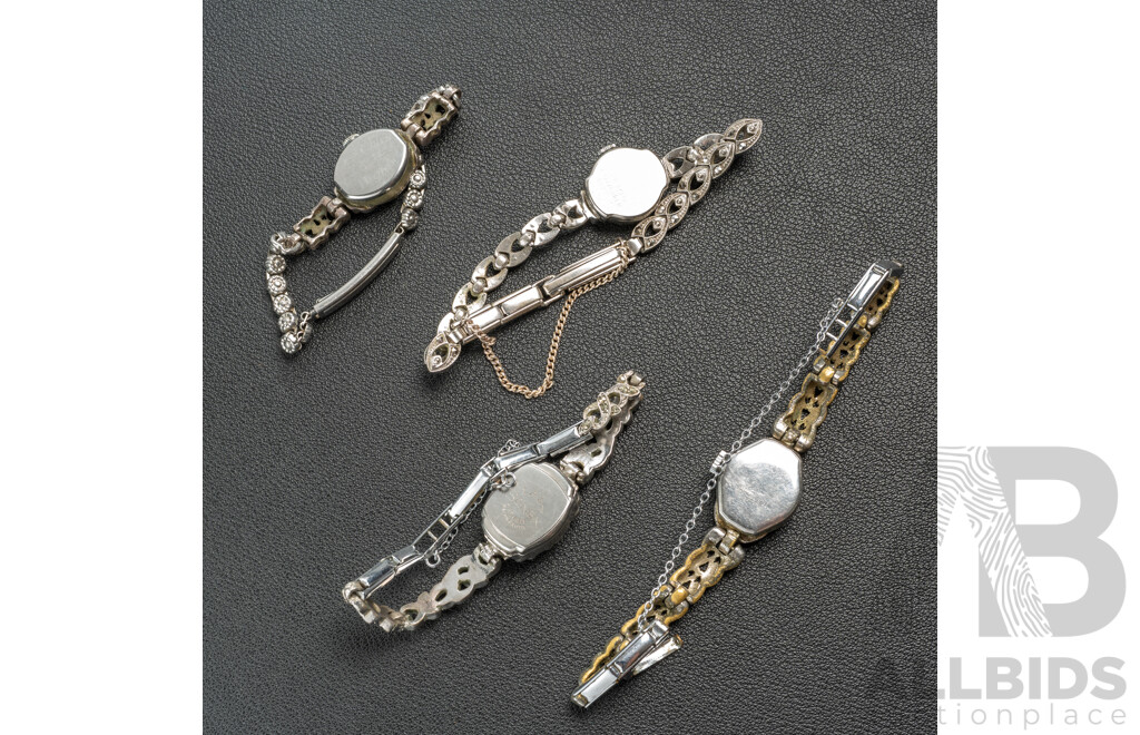 Collection of (4) Vintage Marcasite Ladies Watches - Timor, Alpha Lady Benex, Consul & Reliance