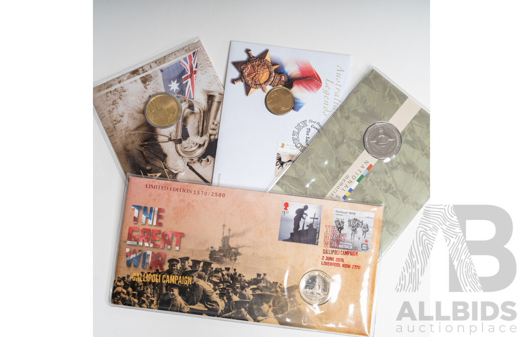 Four Australian War Themed PNCs Including 2012 Lest We Forget, 2011 National Service Memorial, 2015 Gallipoli Campaign, 2000 Australian Legends ANZACS
