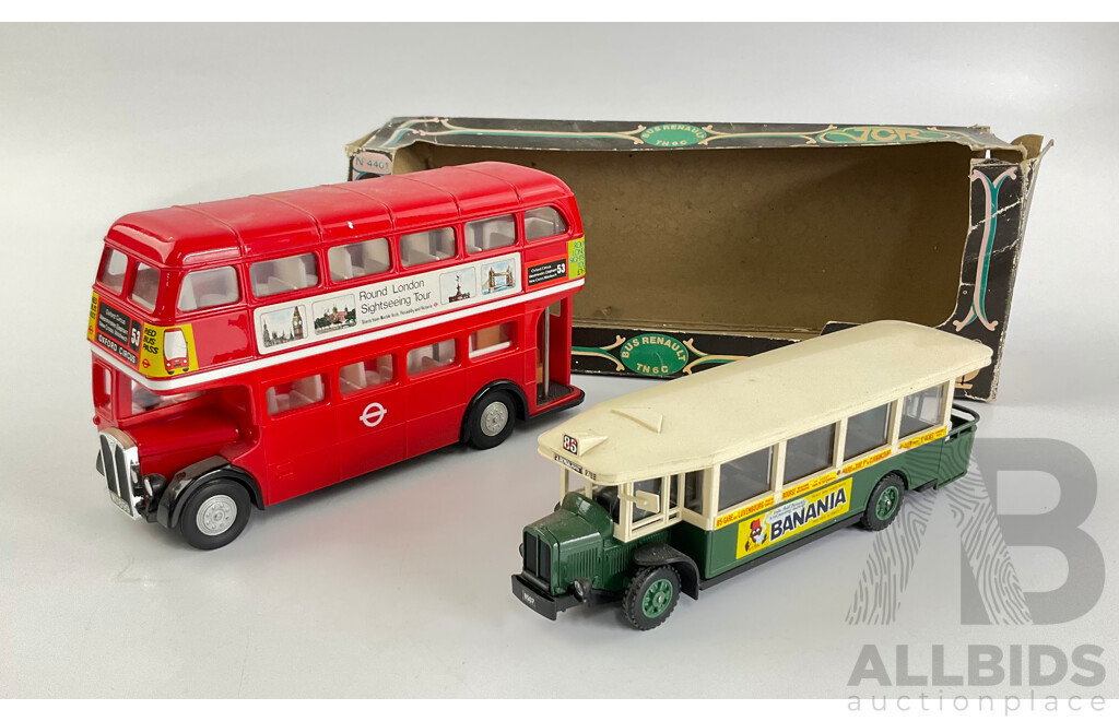 Vintage Tomica Dandy London Double Decker Bus F19 with Solido 1934 Renault Autobus with Original Box