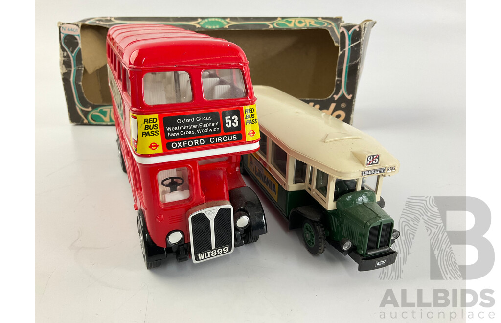 Vintage Tomica Dandy London Double Decker Bus F19 with Solido 1934 Renault Autobus with Original Box