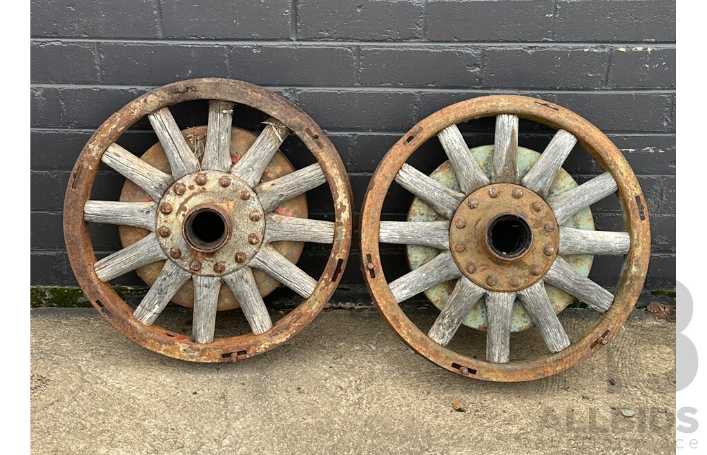 Pair of Vintage Metal FRamed Wheels with Timber Spokes
