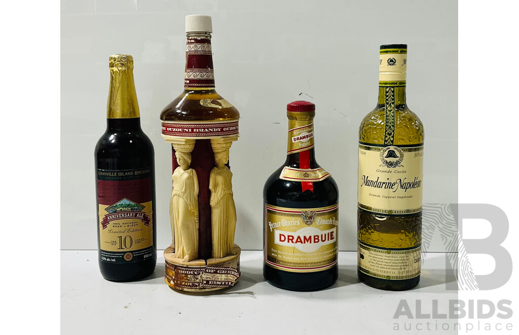 Collection of Four Bottles of Different Liqueurs Including Ouzouni Brandy in Decorative Bottle, Grande Cuvée Mandarine Napoléon Liqueur, Prince Charles Edward’s Drambuie Liqueur and Granville Island Brewing 10th Anniversary Ale
