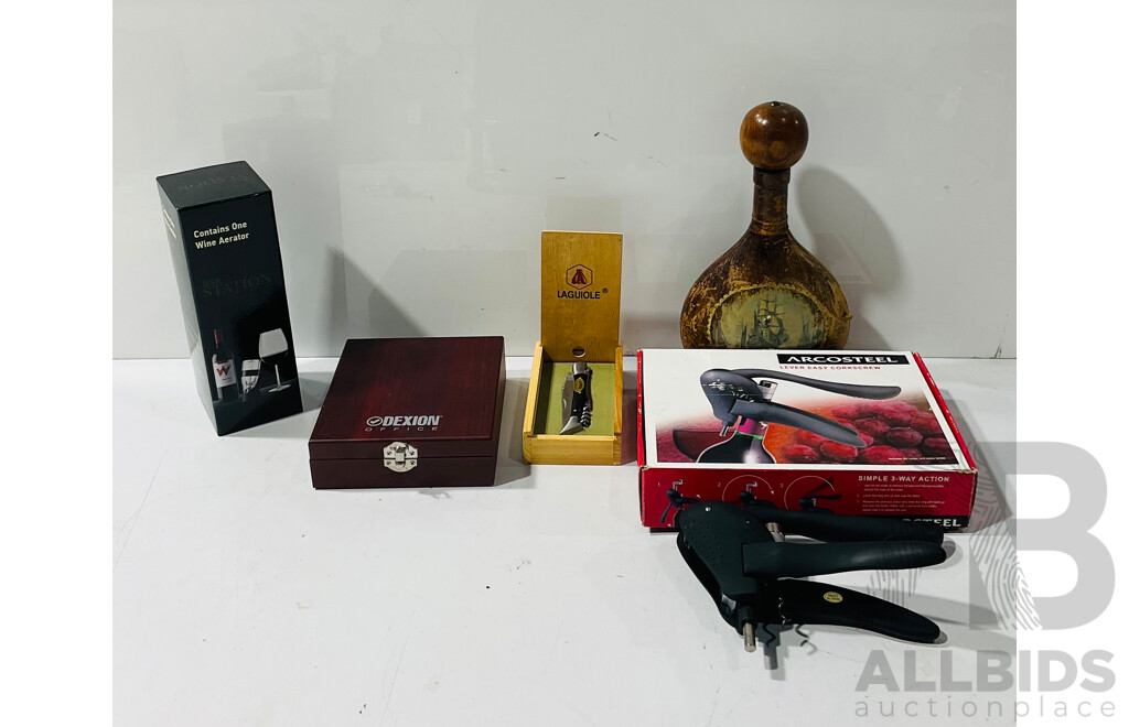 Collection of Wine Accessories Including Laguiole Wine Opener, Bar Station Wine Aerator, Vintage Empty Decorated Bottle, Arcosteel Lever Easy Corkscrew and More