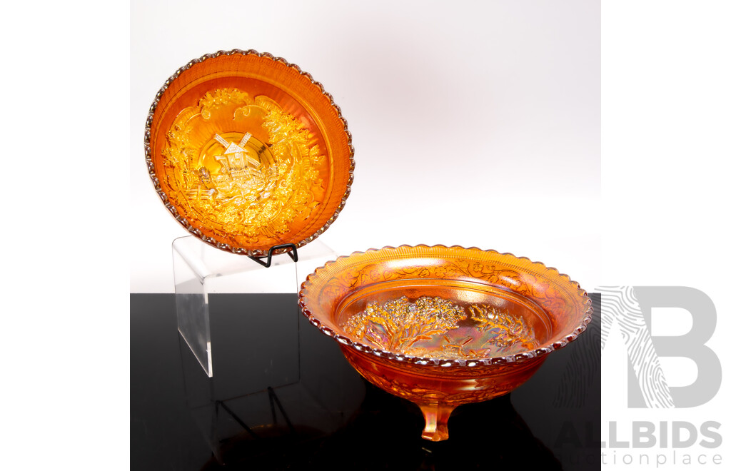 Two Vintage Indiana Marigold Carnival Glass Dishes Including Three Footed Trifle Dish
