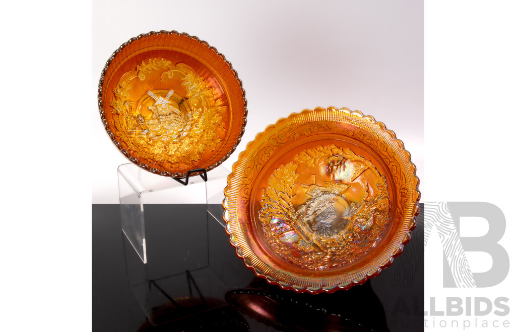 Two Vintage Indiana Marigold Carnival Glass Dishes Including Three Footed Trifle Dish