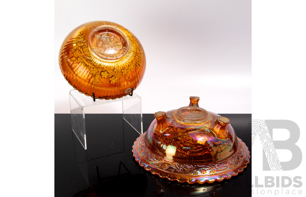 Two Vintage Indiana Marigold Carnival Glass Dishes Including Three Footed Trifle Dish