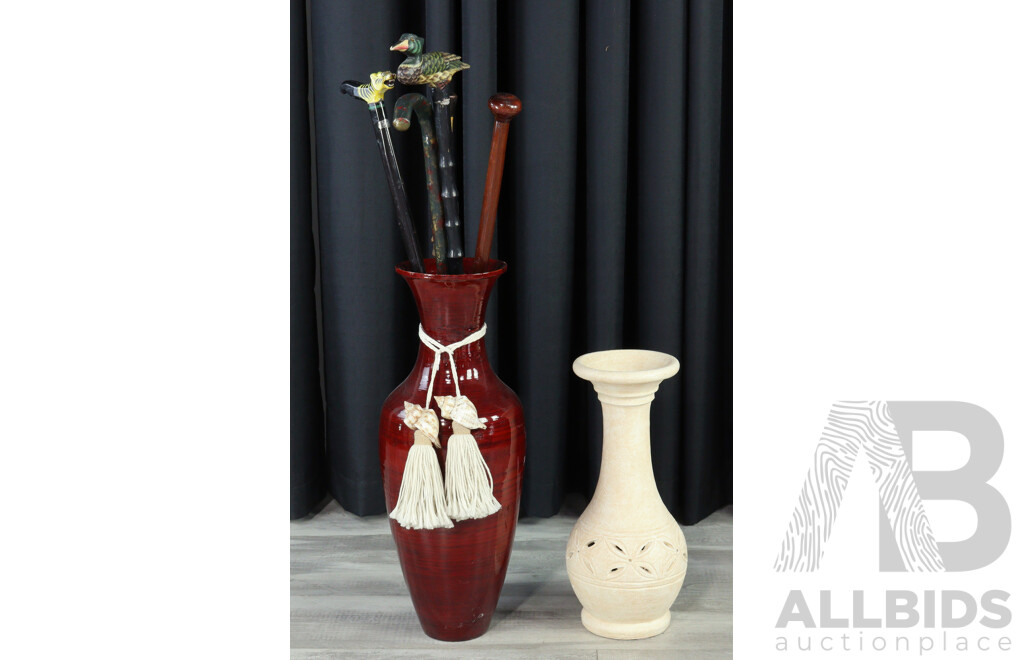 Plastic Floor Vase with Collection of Walking Sticks and Terracotta Vase