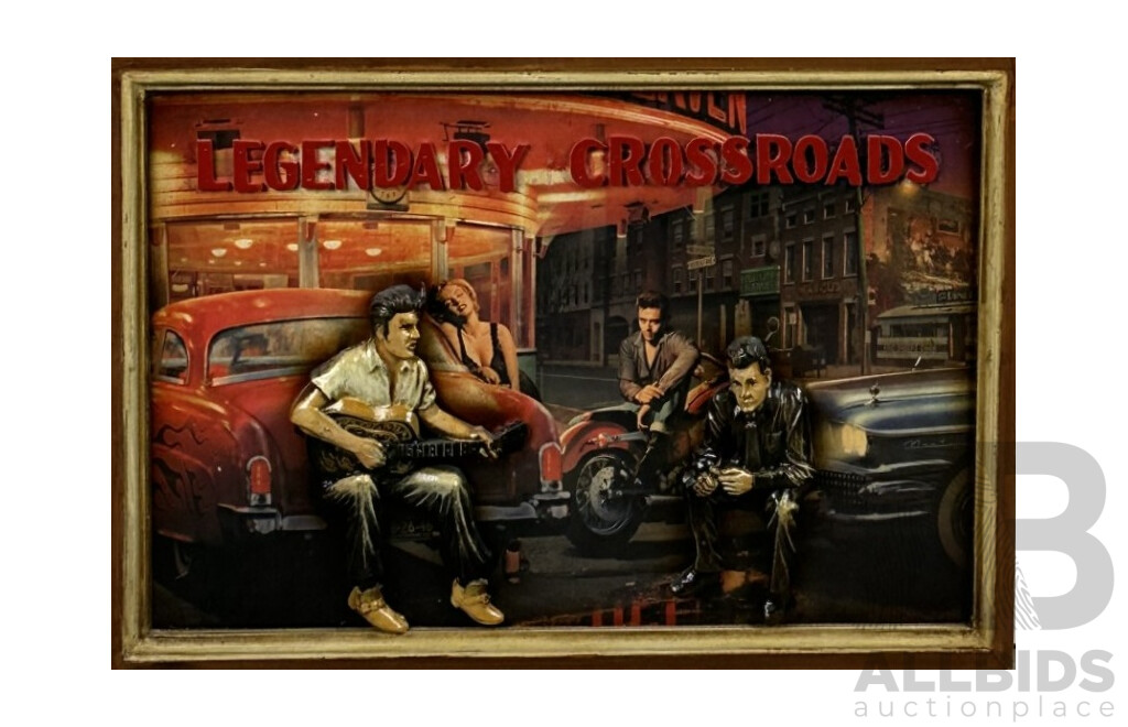 After Chris Consani, (20th Century, 1951-), Legendary Crossroads Elvis Presley, Humphrey Bogart, Marilyn Monroe & James Dean, Mixed Media on Wooden Panel, 40 x 59 cm (frame)