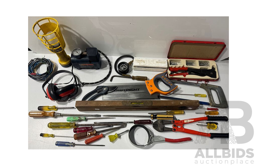 Assorted Lot of Hand and Power Tools - Saw, Screw Driver, Earmuffs, and More