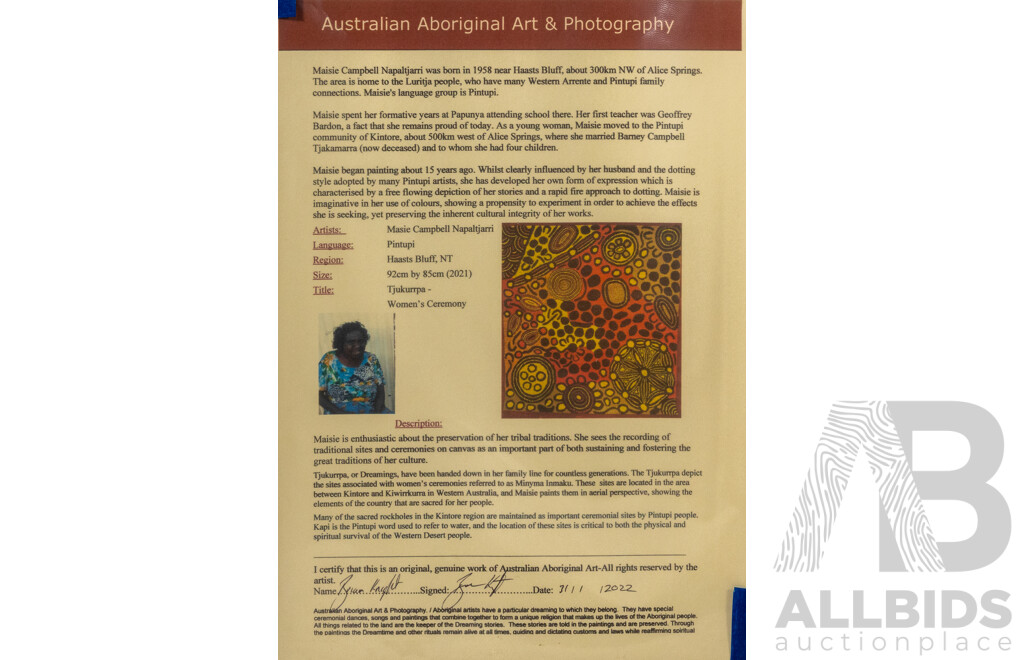 Maisie Campbell Napaltjarri (20th Century, Indigenous-Australian, 1958-), Tjukurrpa - Women's Ceremony (2021), Wonderful Original Acrylic on Canvas, 84 x 90 cm