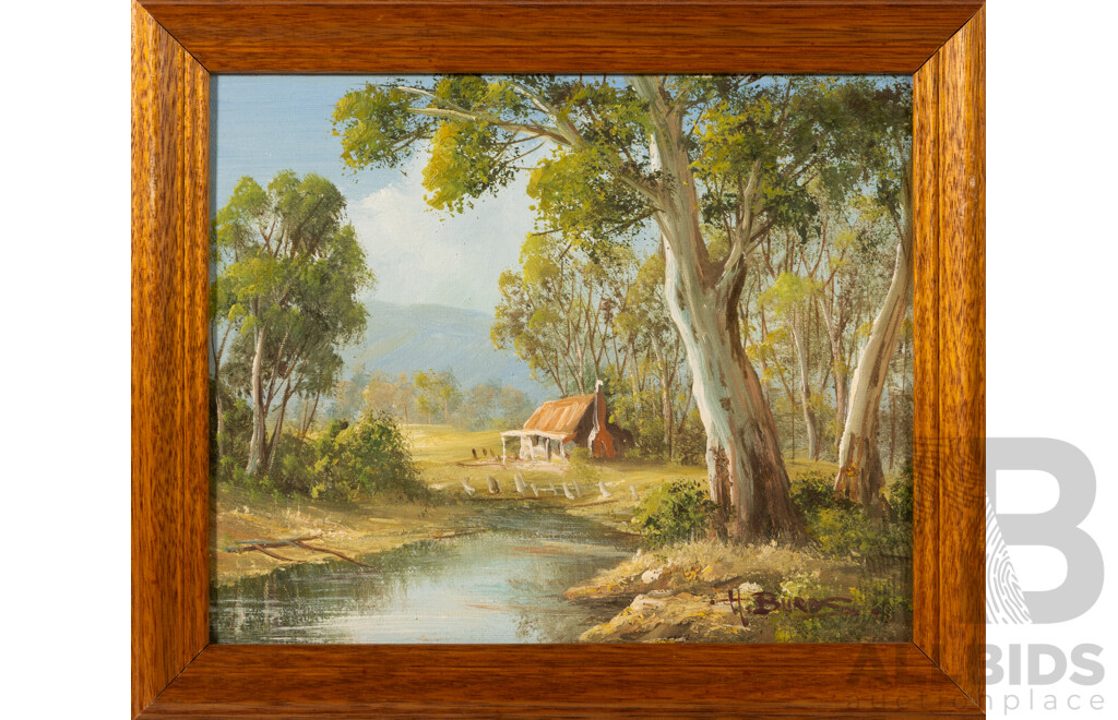 H. Burns (20th Century, Australian), Outback Homes - Australian Landscapes I, II & III (c1998), Wonderful Trio of Original Oil on Canvas Boards, 27 x 31 cm (frames) (3)