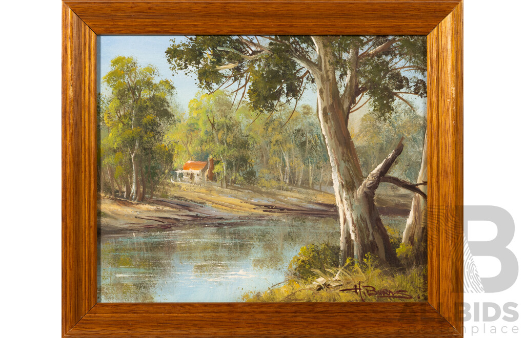 H. Burns (20th Century, Australian), Outback Homes - Australian Landscapes I, II & III (c1998), Wonderful Trio of Original Oil on Canvas Boards, 27 x 31 cm (frames) (3)
