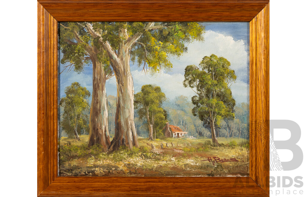 H. Burns (20th Century, Australian), Outback Homes - Australian Landscapes I, II & III (c1998), Wonderful Trio of Original Oil on Canvas Boards, 27 x 31 cm (frames) (3)