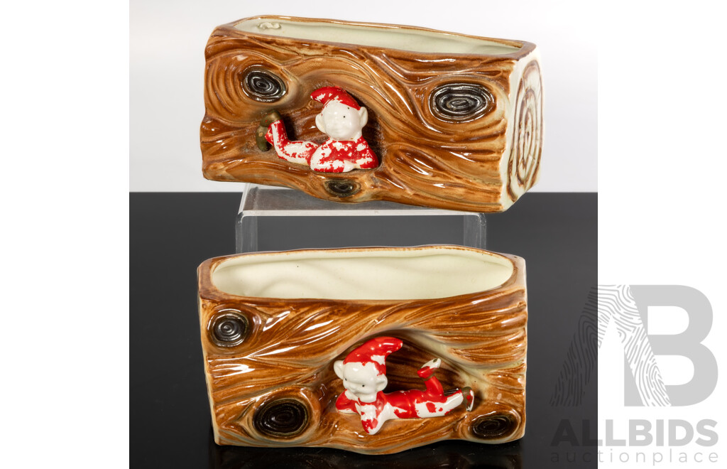 Two Vintage Ceramic Pixie Log Trough Vases