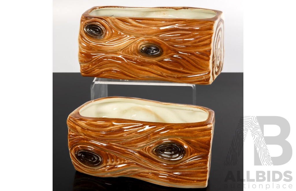 Two Vintage Ceramic Pixie Log Trough Vases