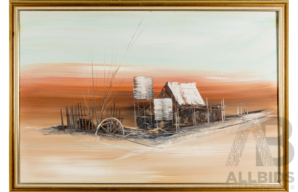 Artist Unknown (20th Century), Abandoned Hut at Dawn, Original Vintage Oil on Board, 67 x 98 cm (frame)