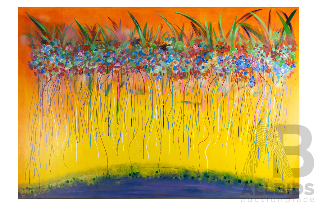 Max Milan, (20th Century, Australian), Sunset by the Pond, Synthetic Polymer Paint & Mixed Media on Linen, 257 H x 230 W cm