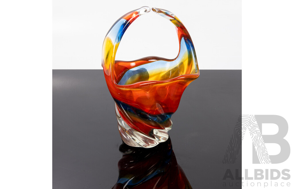 Collection Three Murano Style Glass Pieces Including Sommerso Example and Basket Form Example