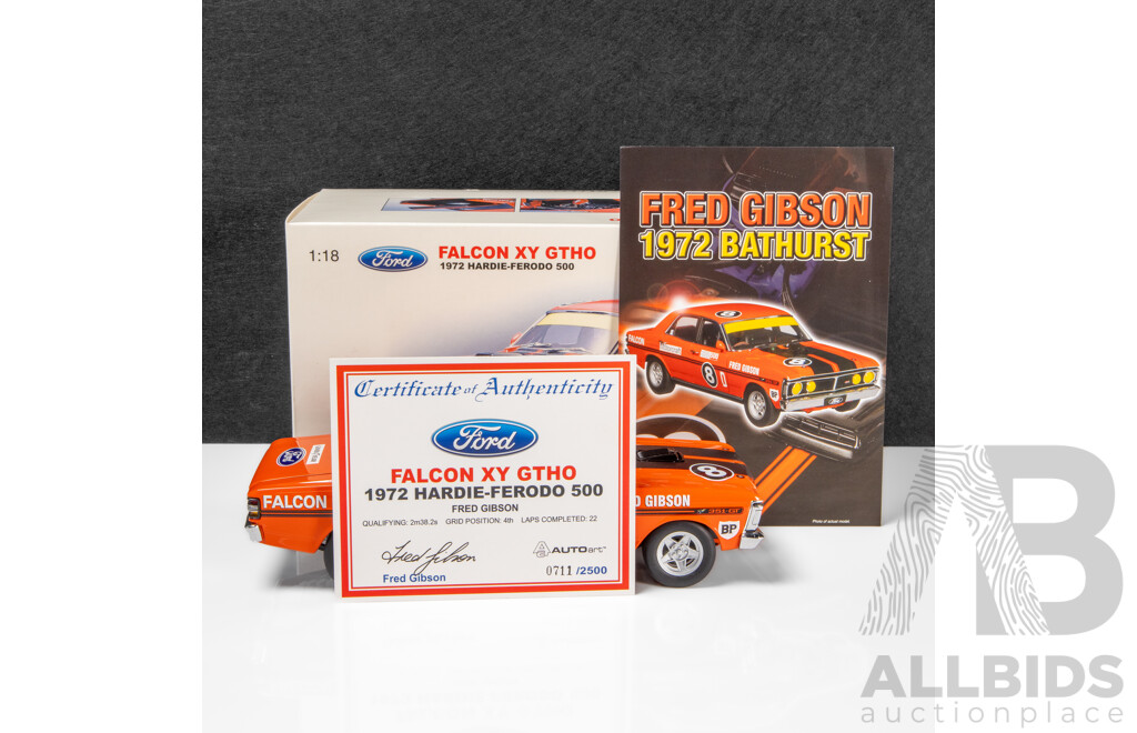 AUTOart 1972 Ford XY Falcon GTHO Hardie Ferodo 500 Fred Gibson Vermillion Fire #8D 711/2500 1:18 Scale Model Car - Signed COA
