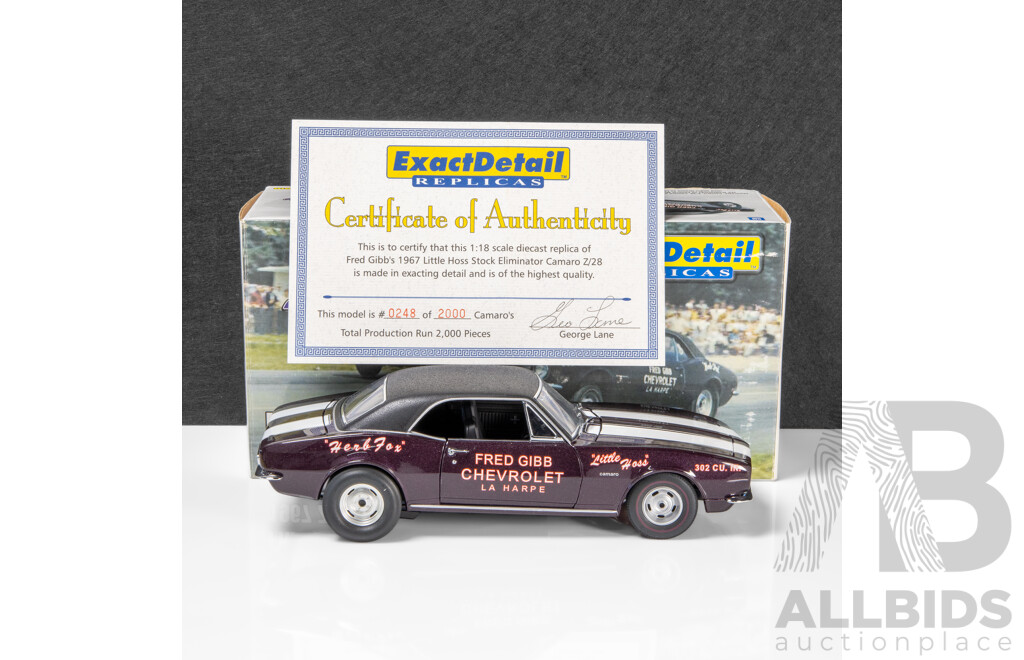 ExactDetail Replicas 1967 Chevrolet Z/28 Camaro Little Hoss Stock Eliminator Fred Gibb 248/2000 1:18 Scale Model Car