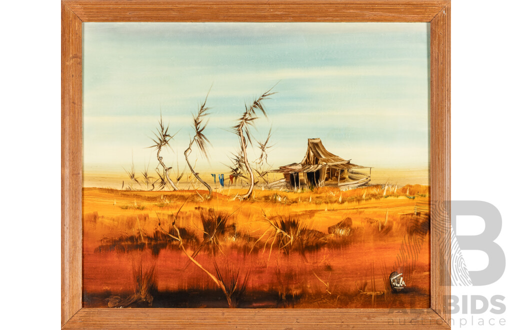 Nick Petali (20th Century, Australian, 1932-2014), (Untitled) Clothesline and Outback Shack, Original Oil on Board, 57H x 67W cm (frame)