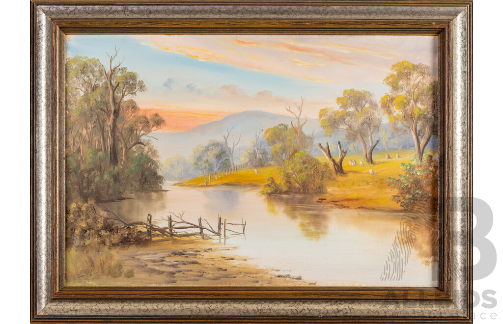 George D.Bell, (20th Century, Australian, 1878-1966), Morning Breaks, Wonderful Original Antique Oil on Board, 40H x 55W cm (frame)