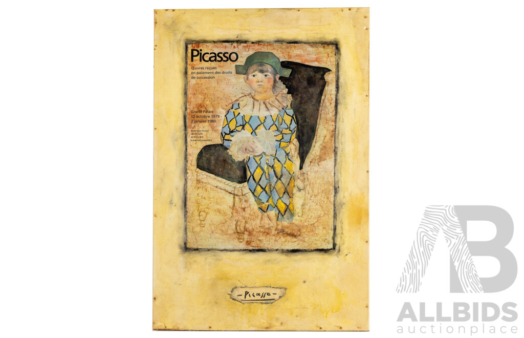 Artist Unknown (20th Century), Picasso Harlequin, Vintage Bespoke Mixed Media Re-Interpretation of 1979-80 French Exhibition Poster, 92H x 61W cm