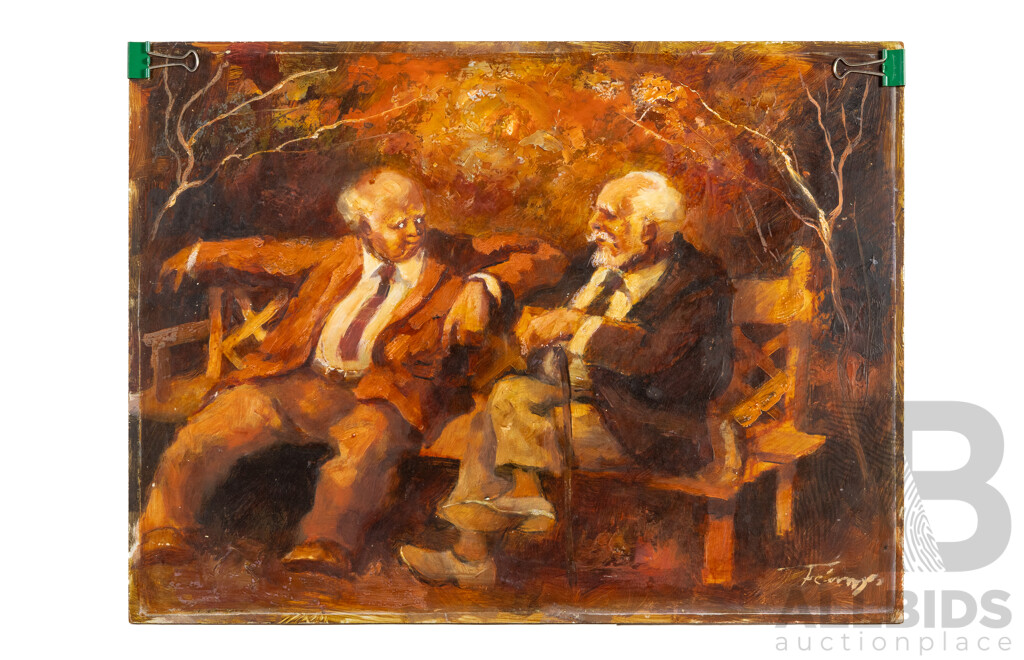 Zoltan Fenyes, (20th Century, Hungarian-Born Australian, 1924-1997), Conversation, Wonderful Original Vintage Oil on Masonite, 30.5H x 40.5W cm