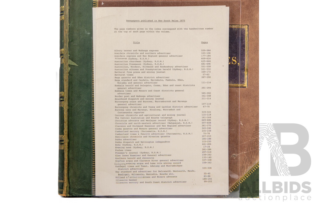 Wonderful Bound Antique Portfolio of Newspapers Published in New South Wales in 1875, 61L x 47W x 7D cm (dimensions)