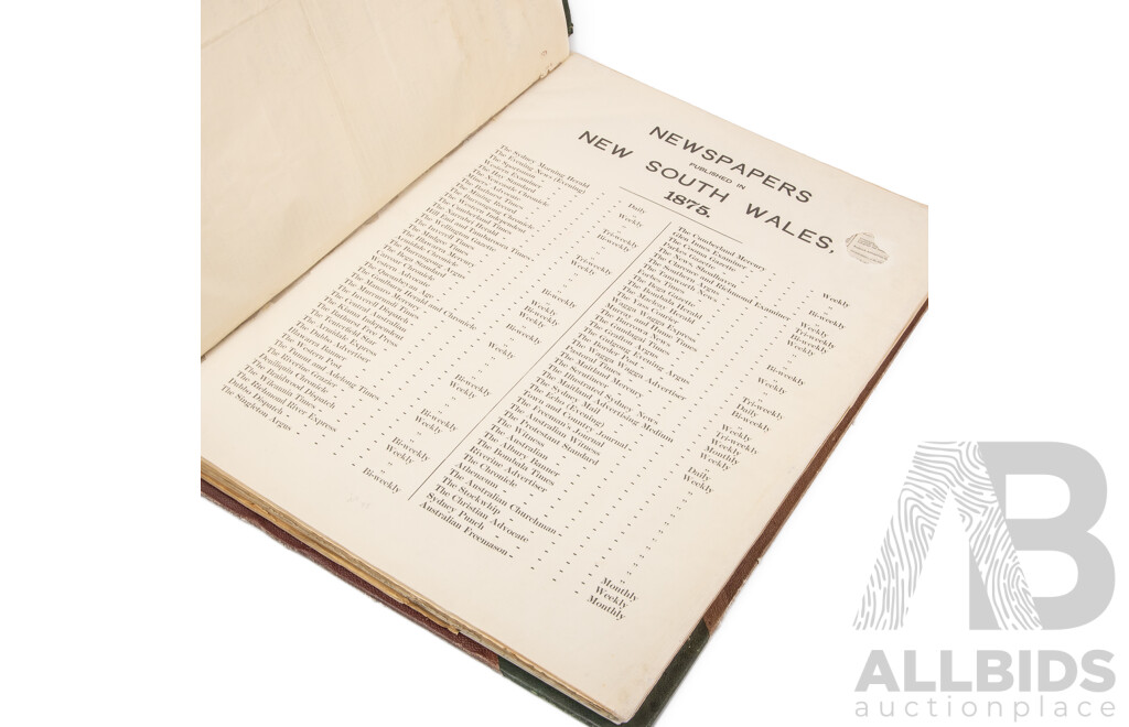 Wonderful Bound Antique Portfolio of Newspapers Published in New South Wales in 1875, 61L x 47W x 7D cm (dimensions)