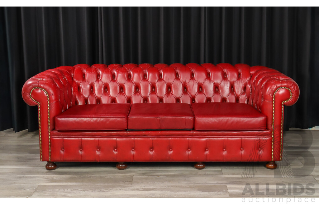 Vintage Red Leather Three Piece Chesterfield Style Lounge Suite