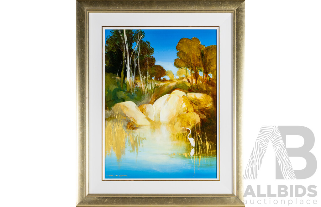 Ken Taber, (20th Century, Australian, 1942-), Blue and Gold, Wonderful Original Acrylic on Board, 81H x 66W cm (frame)