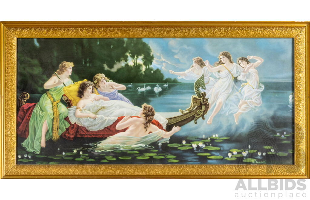 Hermann Clementz (19/20th Centuries, German, 1852-1930), Boat of Nymphs, Antique Chromo-lithograph, (c Late 1900s), 43H x 84W cm (frame)