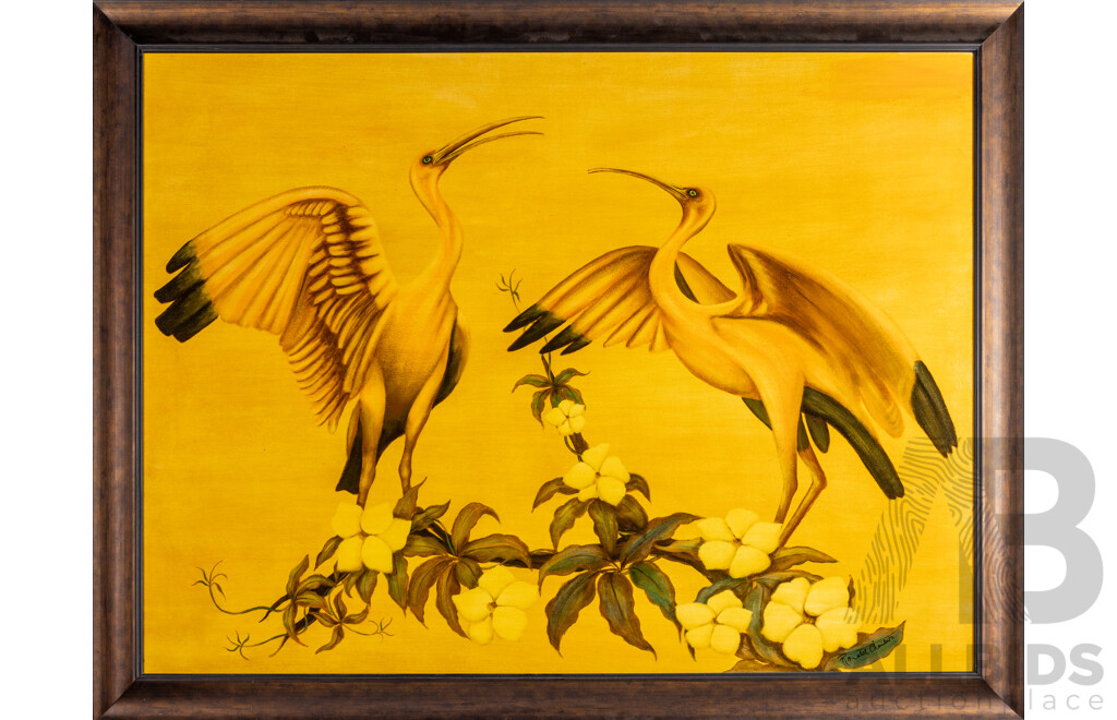 Ronald Chambers, (20th Century, Australian, Active c1980s), Golden Ibises and Blossoms, Original Oil on Board, 104H x 135W cm (frame)