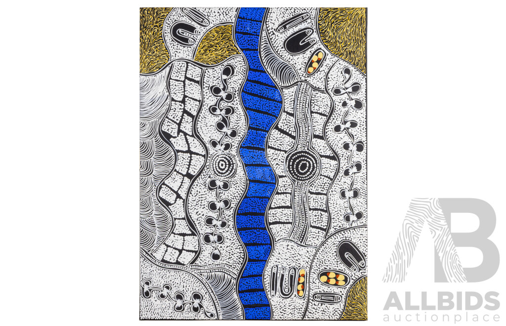 Lanita Numina Napanangka (20th Century, Indigenous-Australian, 1963-), My Country - Women Collect Bush Plums, Bushberries, Seeded Medicine (2020), Original Acrylic on Canvas, 94H x 68W cm