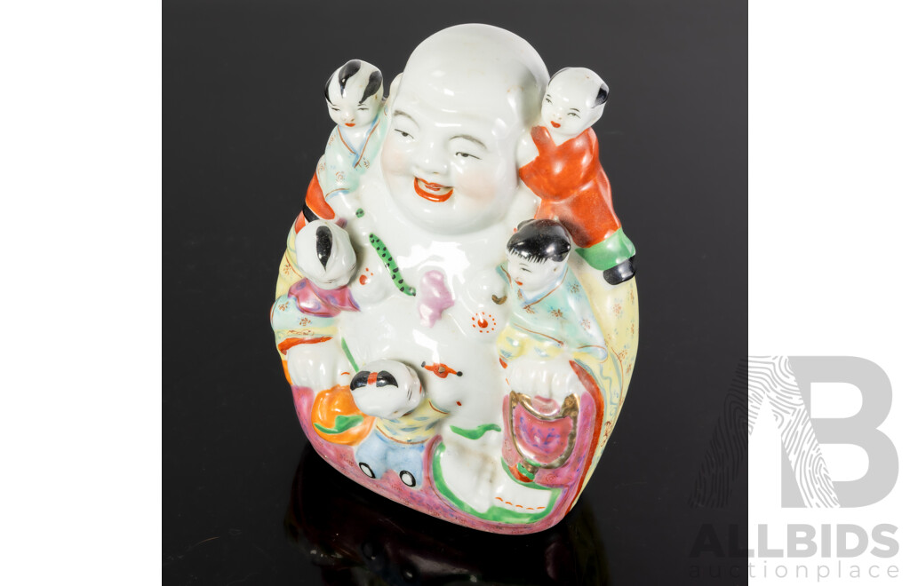 Vintage Chinese Laughing Buddha with Infants Porcelain Figure