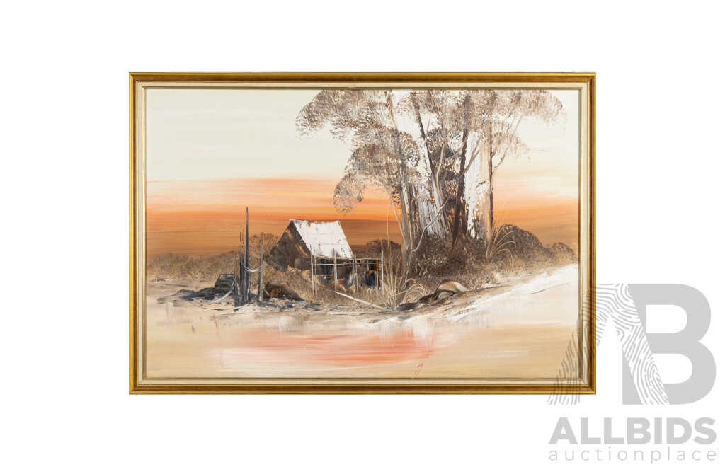 S. Hanley, (20th Century, Australian), Lone Shed at Dawn with Gums, Original Vintage Oil on Board, 67H x 98W cm (frame)