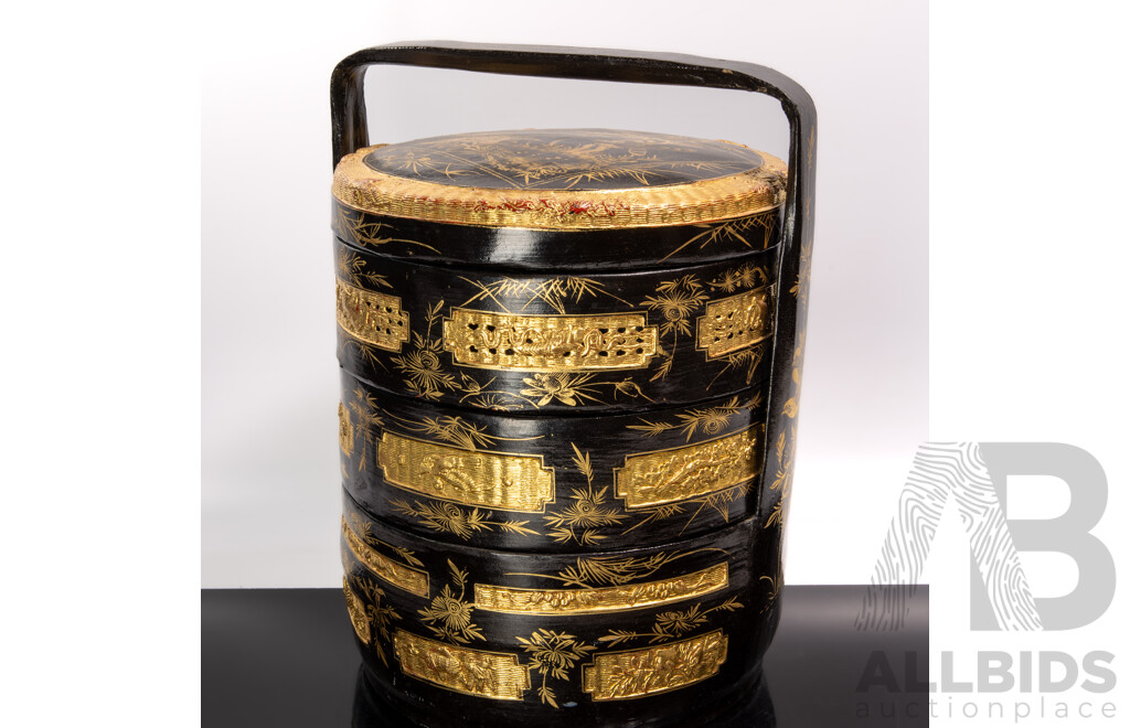 Vintage Chinese Thee Level Lacquer Work Carry Stack with Engraved Gilt Decorated Panels to Side