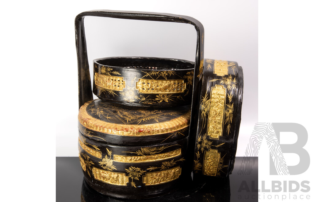 Vintage Chinese Thee Level Lacquer Work Carry Stack with Engraved Gilt Decorated Panels to Side