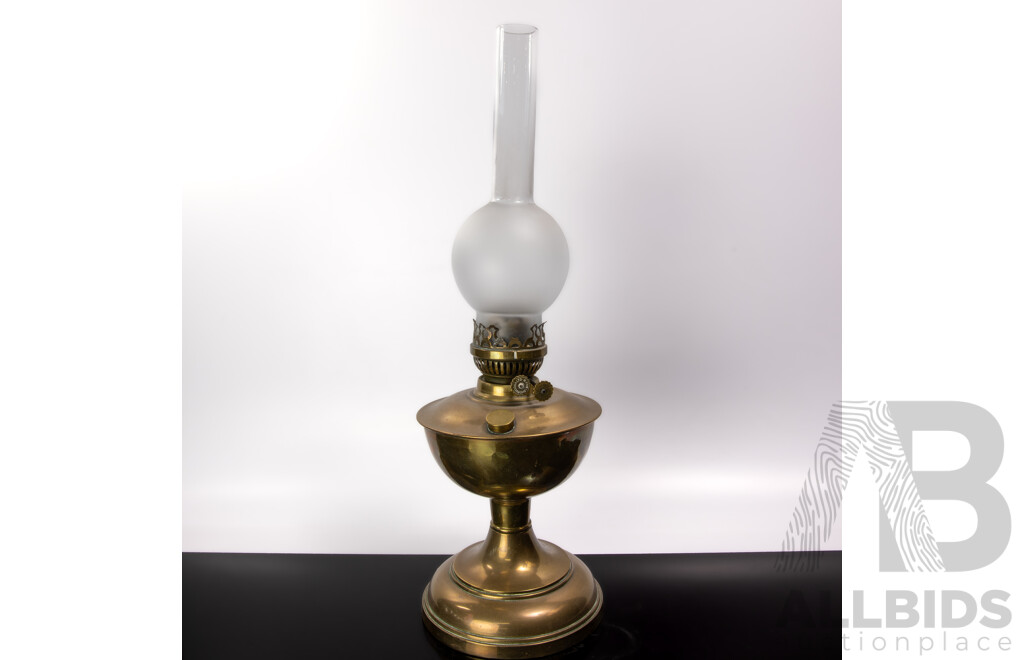 Vintage Sherwood Dual Control Oil Lamp with Glass Flue and Brass Font and Base