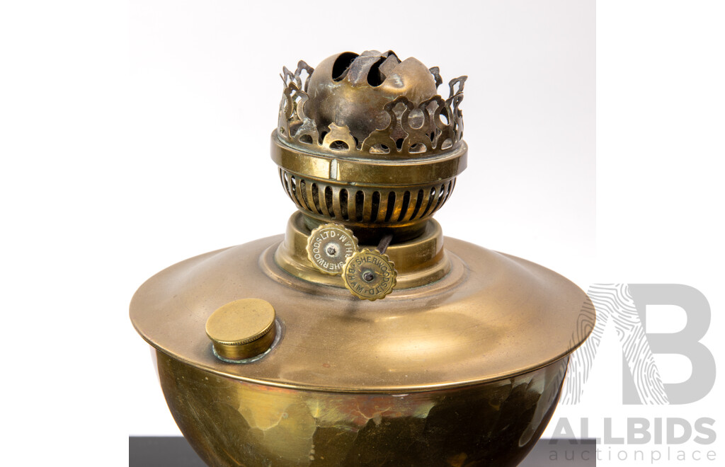 Vintage Sherwood Dual Control Oil Lamp with Glass Flue and Brass Font and Base