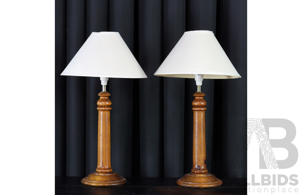 Pair Table Lamps with Turned Baltic Pine Bases
