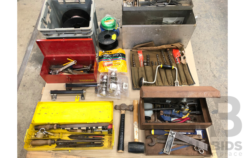 Five Toolboxes with a Selection of Tools and Hardware