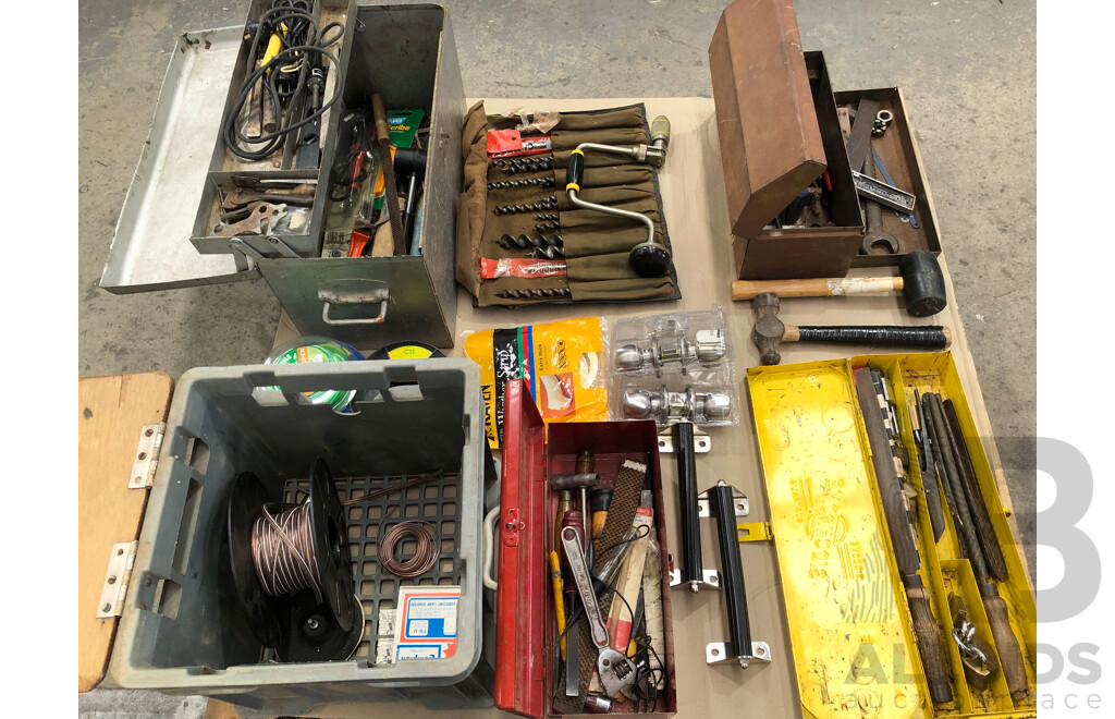 Five Toolboxes with a Selection of Tools and Hardware