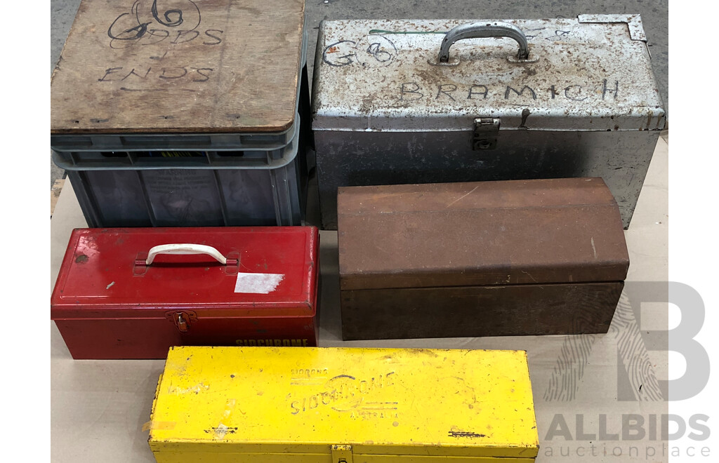 Five Toolboxes with a Selection of Tools and Hardware