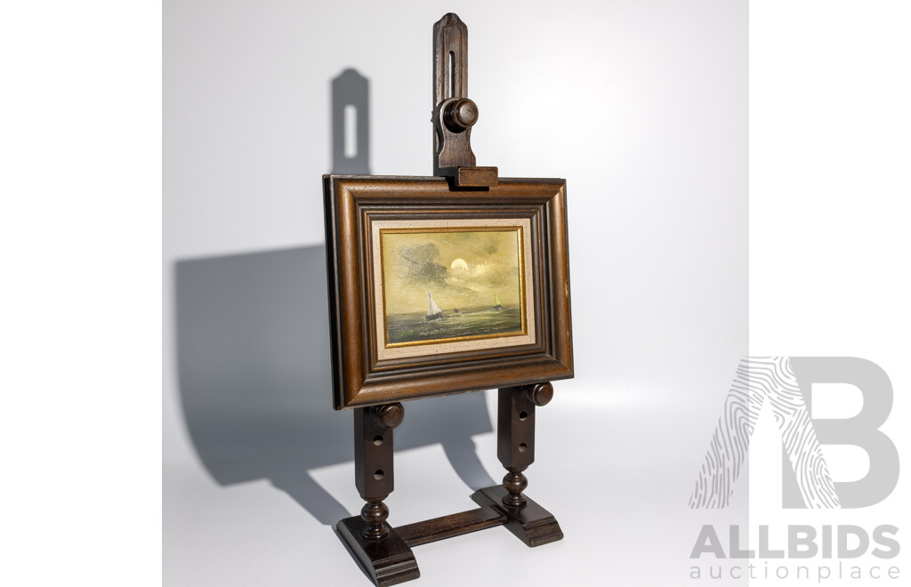 G. Dewulf, (20th Century), Sailboats at Dusk, Vintage Miniature Oil on Canvas in Wooden Display Adjustable Easel, 25 x 29 cm (frame)