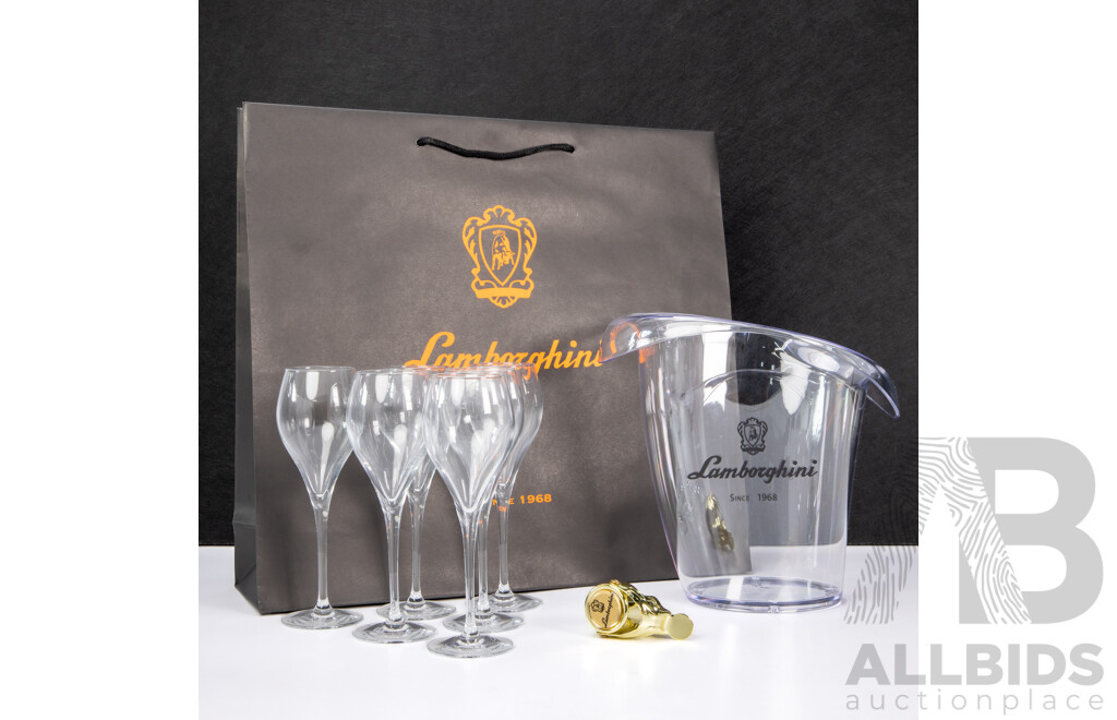 Lamborghini Wines Gift Pack Inc Lucite Branded Bucket, Six Flutes, Champagne Stopper and Gift Bag