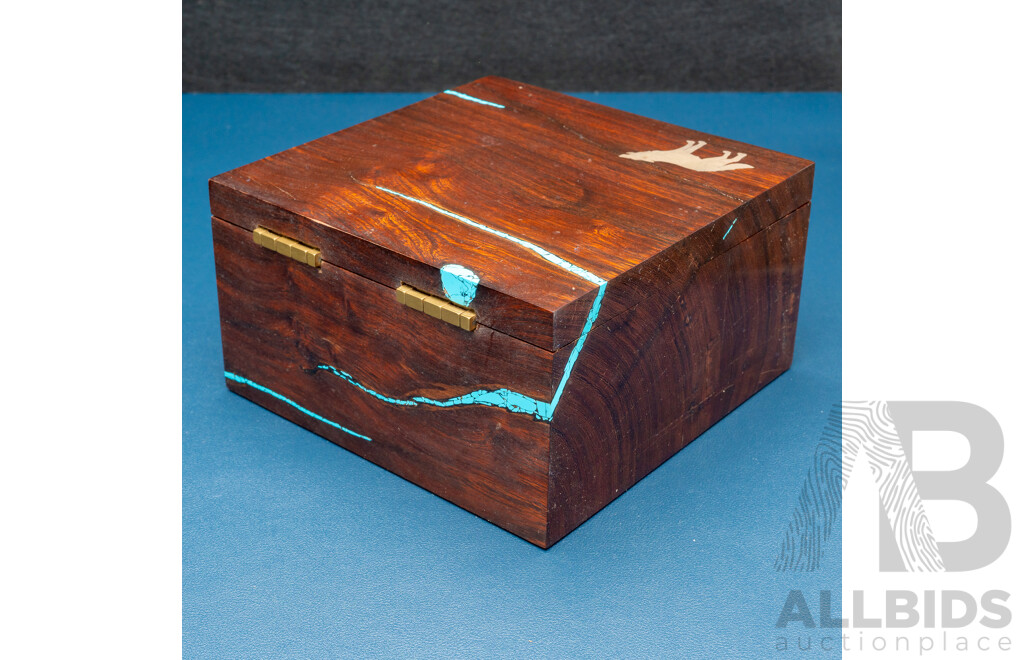 J Favosite Handmade Heavy Wooden Trinket Box with Inlaid Sterling Silver & Turquoise