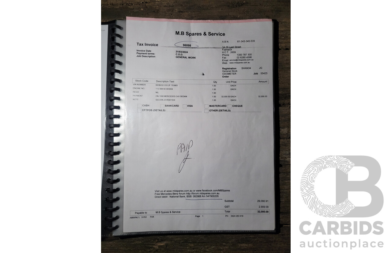 7/1998 Mercedes Benz C43 AMG W202 4d Saloon Zircon Silver Metallic V8 4.3L