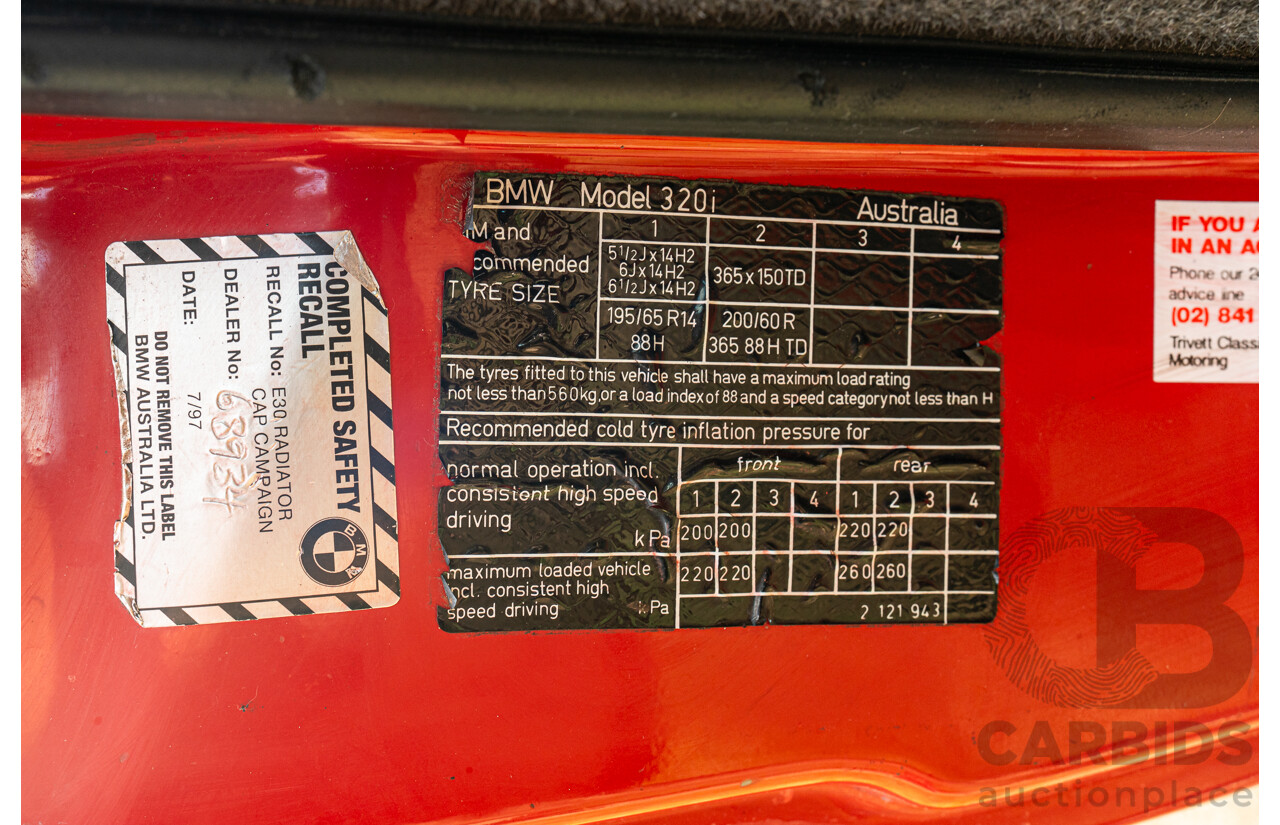 9/1988 BMW 320i E30 2d Coupe Zinoberrot (Vermillion) Red 2.0L